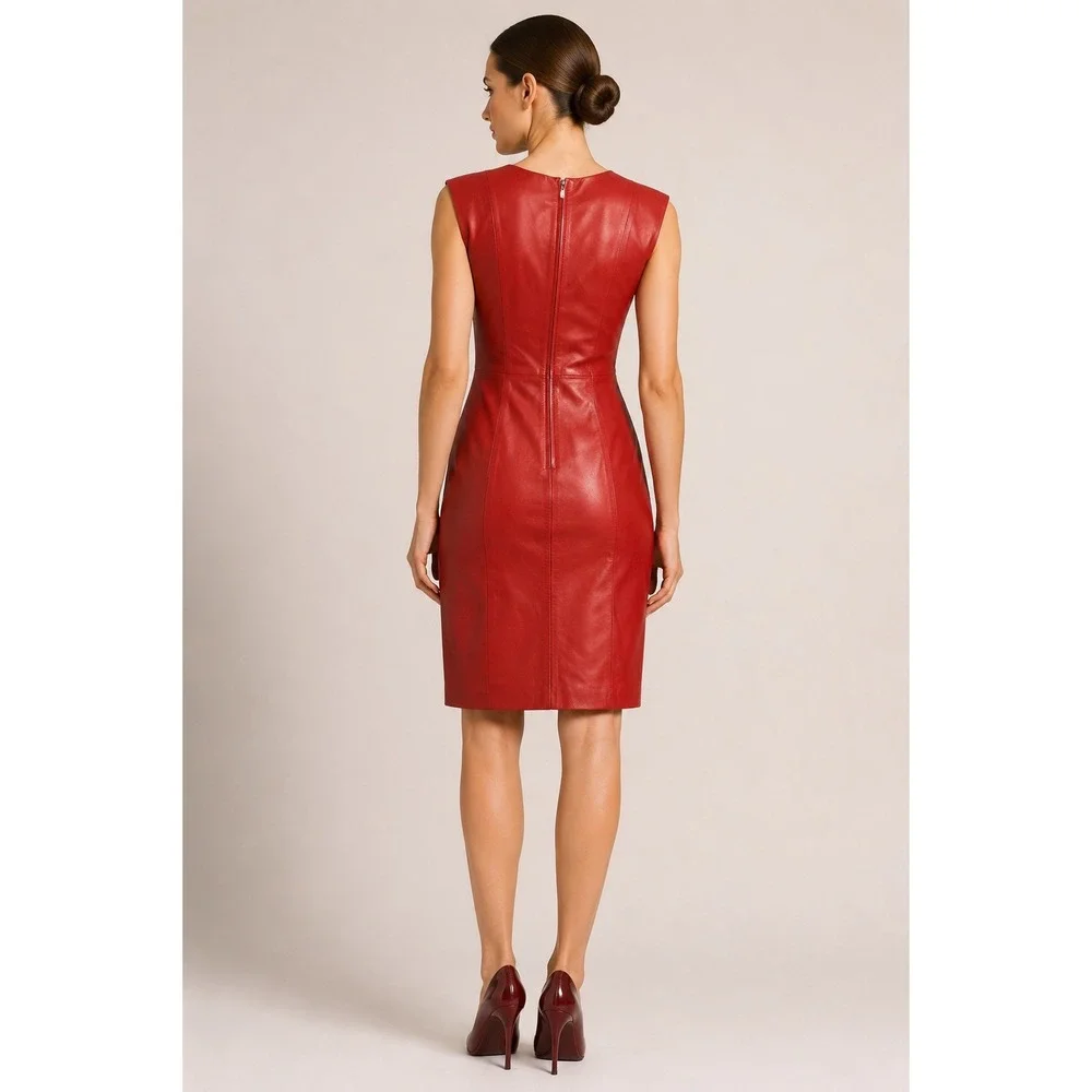 Vakko Women's 2 Red Leather Laser Cut Lace Front Sheath Dress Sleeveless 90s